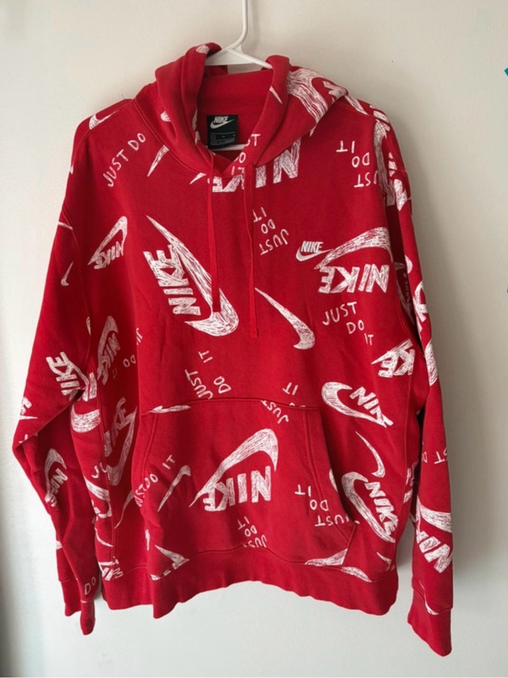 Nike Sportswear All Over Print Swoosh and Just Do It Hoodie Red